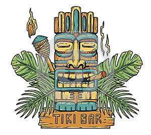 Emblem of hawaii tiki mask or surfing, totem bar photo