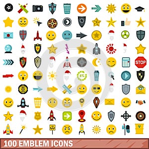 100 emblem icons set, flat style