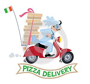 Funny pizza chef on scooter. Pizza delivery logo