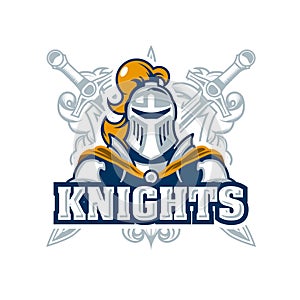 Emblem with knight in armor, chivalry logo with paladin and swords, template for a sport team photo
