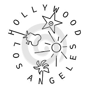 Emblem, lettering, logo, icon of Los Angeles and Hollywood in line art style. Star from the walk of fame, video camera