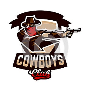 Emblem, logo, cowboy shooting from two revolvers. Wild west, a thug, Texas, a robber, a sheriff, a criminal, a shield