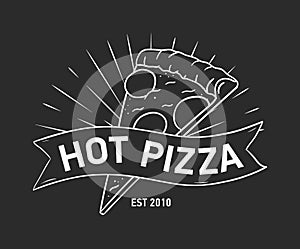 Emblem or logo with pizza slice and ribbon, tape or strip hand drawn with contour lines on black background. Monochrome