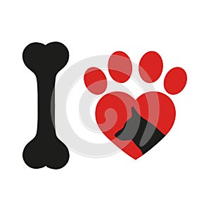 Emblem of love, dog face with red heart above vector icon, silhouette sign, pet symbol.