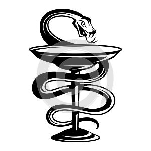 Emblem medicine snake wrapping around a bowl leg and bowed its head above the bowl. Medical symbol. Emblem for drugstore. Snake