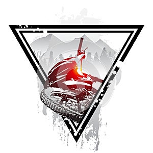 Emblem with mountain bike and helmet. Downhill mountain biking concept art. Mtb, freeride, bicycle, enduro, extreme