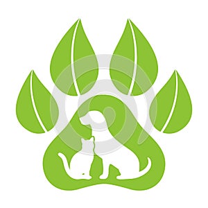 Emblem organic products for animals. template for pet store silhouette of a dog and cat on the background of paws with leaves