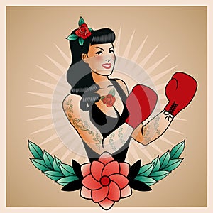 Emblem of pinup boxing girl, with flowers, tattoos and boxing gloves