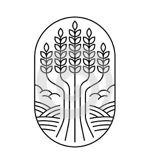 The emblem. A sheaf of wheat on the background of fields