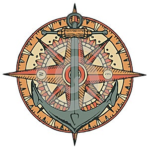 Emblem with ship anchor, wind rose and old compass