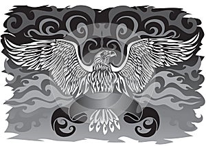 Emblem of spread wings as coat of arms or banner on black background, vector illustration