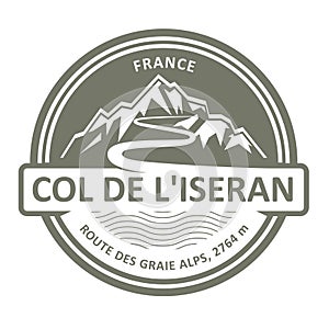 Emblem with stamp of Col de Liseran, route des Grandes Alpes, mountain pass in France photo