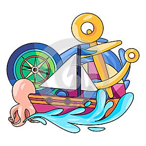 emblem sticker of marine sea art drawing illustration of sailboat with compass anchor and ocean sea wave