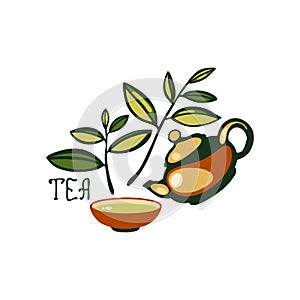 Emblem with tea leaves, teapot, cup, lettering `Tea`.