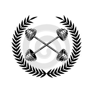 Emblem template with crossed barbells and wreath. Design element for logo, sign, emblem.