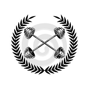 Emblem template with crossed barbells and wreath. Design element for logo, sign, emblem. photo