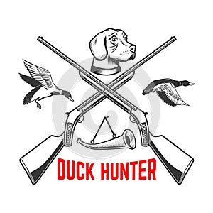 Emblem template of duck hunting club emblem with wild ducks, guns, hunting dog. Design element for logo, label, sign