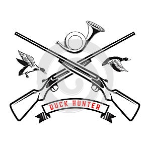 Emblem template of duck hunting club emblem with wild ducks, guns, hunting horn. Design element for logo, label, sign
