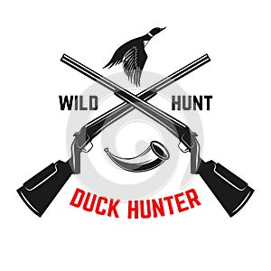 Emblem template of duck hunting club emblem with wild ducks, guns, hunting horn. Design element for logo, label, sign