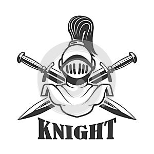 Emblem template with medieval knight helmet. Design element for logo, label, sign.