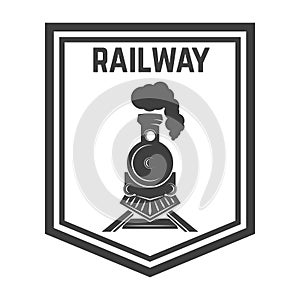 Emblem template with retro train. Rail road. Locomotive. Design element for logo, label, emblem, sign.