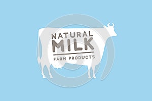 Emblem template with white silhouette of cow against blue background and sample text: natural milk and farm products.