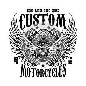 Emblem template with winged motorcycle motor. Design element for poster, logo, label, sign, t shirt