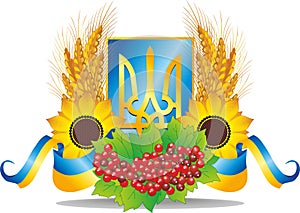 Emblem of Ukraine with kalina, sunflower, wheat spikes and flags