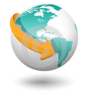 Emblem with white globe and orange arrow isolated on white