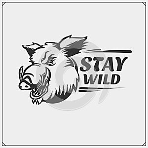 Emblem with wild boar for sport club. Print design for t-shirt.