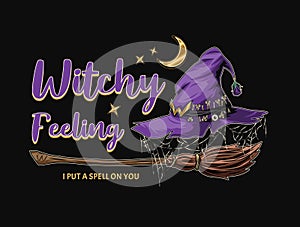 Emblem with witch purple hat, old fashioned broom