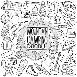 Mountain and Forest Camping Traditional doodle icon hand draw set photo