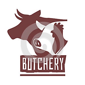 Emblems butcher. Butchery shop labels, domestic animals silhouette and text. Cow pig and rooster heads. Meat market logo