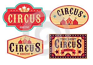 Emblems circus. Fun carnival festival, retro paper signboard, invitational banners and posters event labels. Red colors