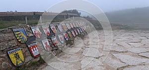 Emblems coats of arms of towns located along river Labe Elbe at the spring of river Labe, Krkonose - Giant Mountains