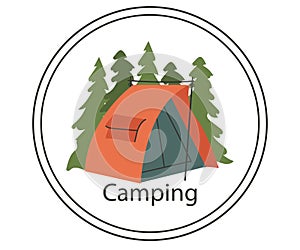 Emblems, logos and badges for camping and outdoor adventures. Camp tent in the forest or mountains.