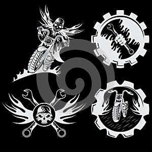 emblems with skull,flames and wrenches