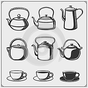 Emblems of Tea shop and Tea point. Teapots and kettles set.