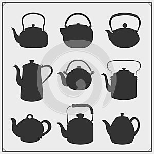 Emblems of Tea shop and Tea point. Teapots and kettles set.