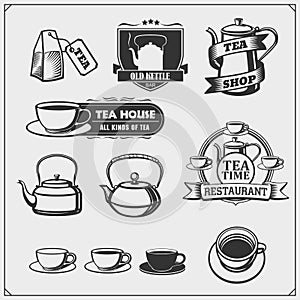 Emblems of Tea shop and Tea point. Teapots and kettles set. photo