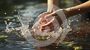 Embodying Ecology Through a Child\'s Touch. Water flowing in to children hand. Generative AI