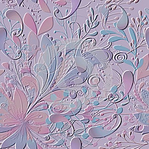 Emboss 3d doodle lines Paisley flowers leaves seamless pattern. Vector ornamental surface embossed background. Hand drawn relief