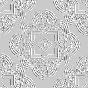 Emboss 3d white seamless pattern. Textured arabesque floral vector background. Embossed line art relief ornament. Repeat grunge