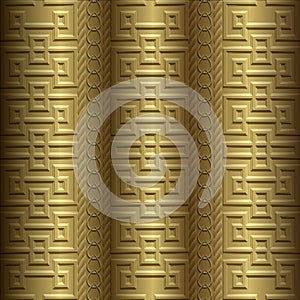 Emboss gold borders 3d seamless pattern. Embossed greek border background. Greek key meanders ornament. Abstract repeat textured