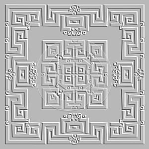 Emboss greek 3d square border frame seamless pattern. Embossed relief white vector background. Greek key meanders surface