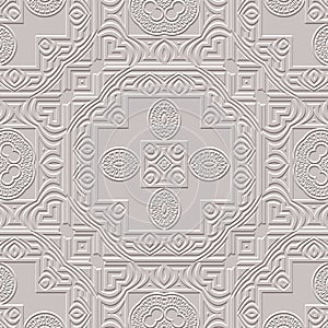 Emboss textured 3d arabic style seamless pattern. Light ornamental embossed floral background. Repeat relief modern vector