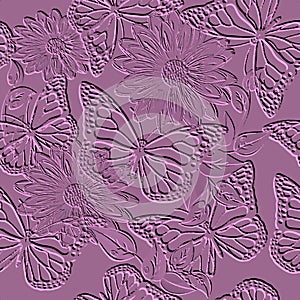 Embossed 3d flowers and butterflies seamless pattern. Vector violet emboss textured background. Grunge repeat backdrop. Surface