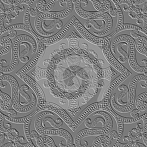 Embossed 3d seamless pattern. Gray textured background. Vector repeat grunge backdrop. Greek tribal ethnic style ancient ornaments