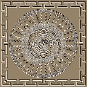Embossed 3d square frame and mandala pattern. Ancient emboss background. Textured backdrop. Surface grunge relief 3d ornaments