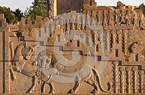 Embossed Bas Relief of Combat Between Lion and Bull Carved on Staircase of Persepolis in Shiraz